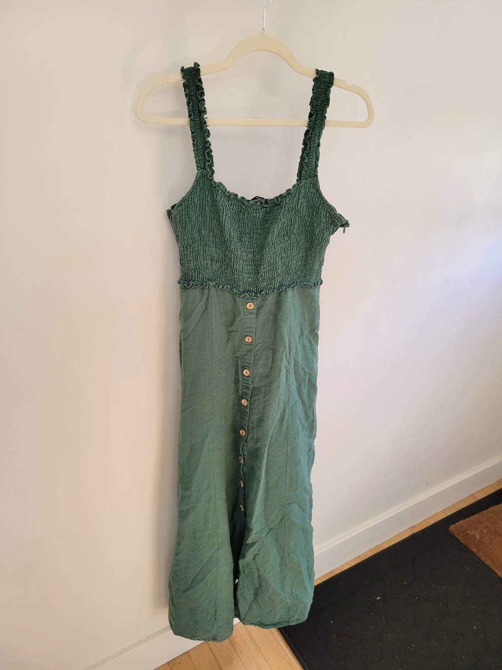 Zara Green Linen Blend Smocked Button Front Midi Dress S